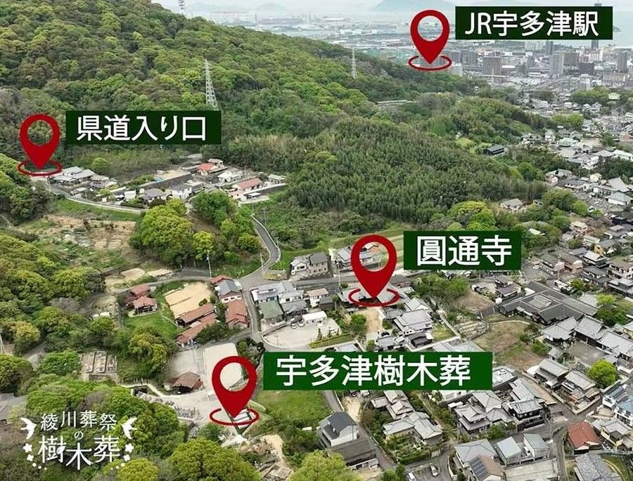 宇多津樹木葬は、管理運営を行う「圓通寺」が隣接し、「県道入り口」「宇多津駅」が近接する好立地です