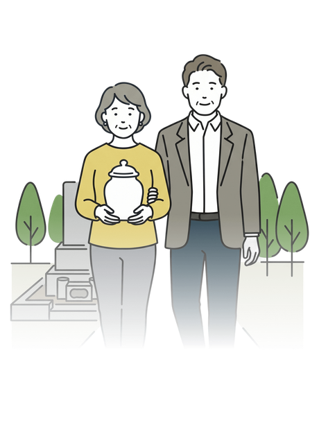 骨壺を抱えて墓地を歩く夫婦のイラスト