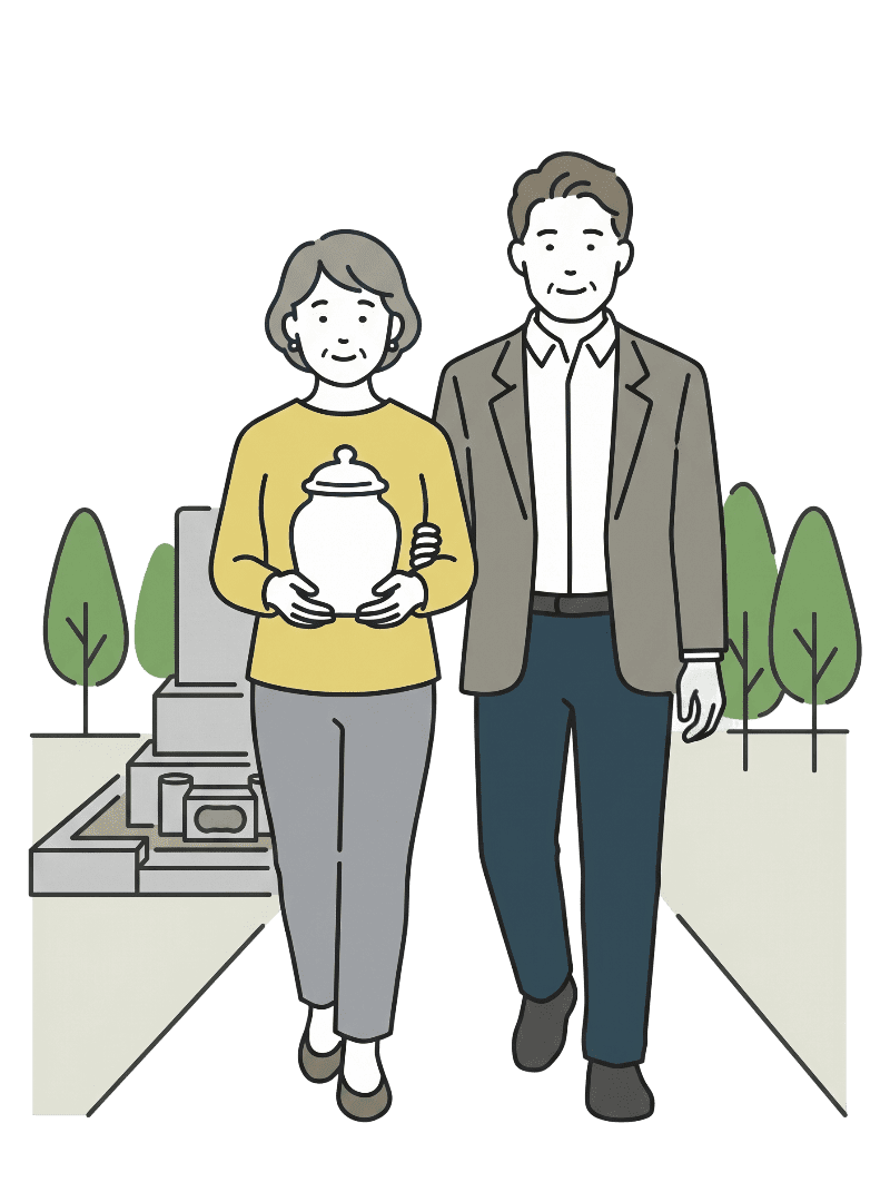 骨壺を抱えて墓地を歩く夫婦のイラスト