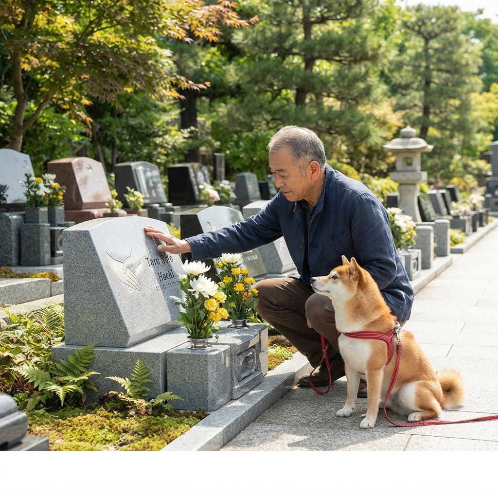 ペットと飼い主が寄り添うお墓参りの情景