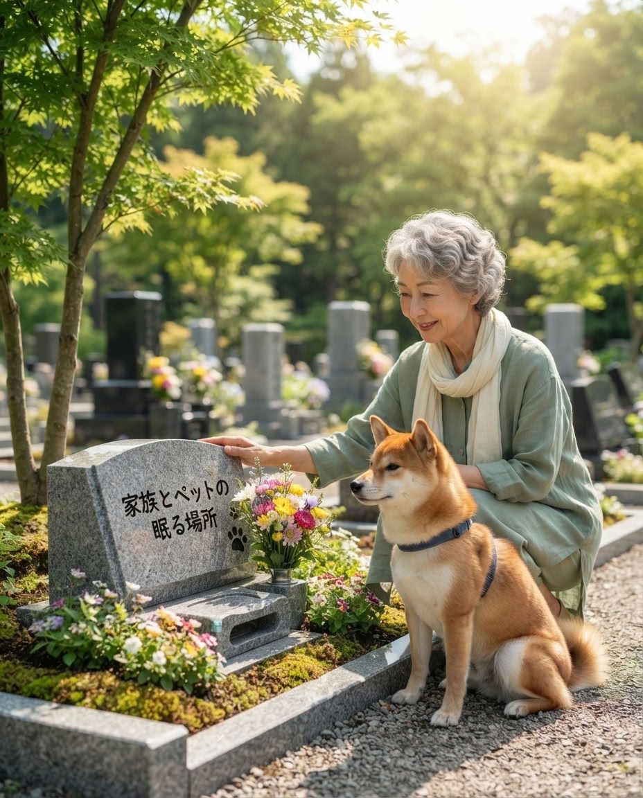 ペットとお墓参りをする飼い主