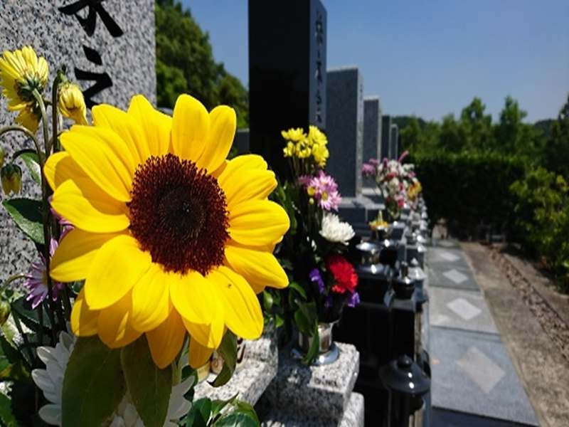 大阪柏原聖地霊園　花が添えられた墓石