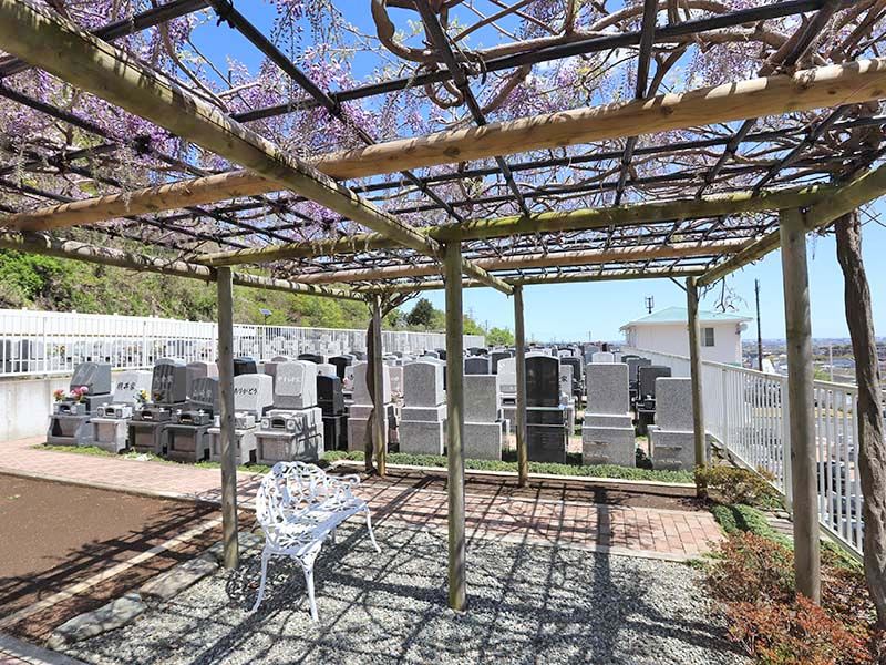 鶴巻霊園 もえぎのさと　藤棚の下の休憩ベンチ