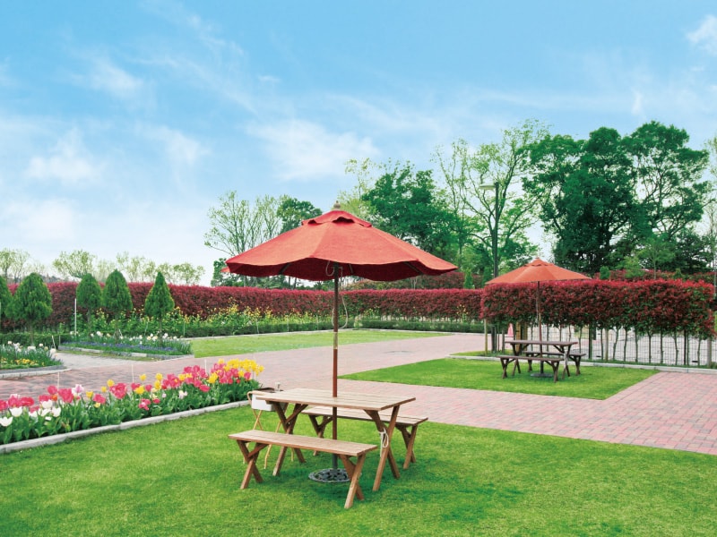 メモリアルパーク藤沢　緑や花が美しい庭園風の休憩スペース