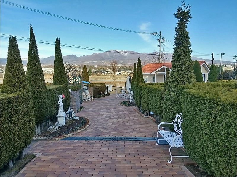 広々としたバリアフリー通路は緑や木々があふれた空間です